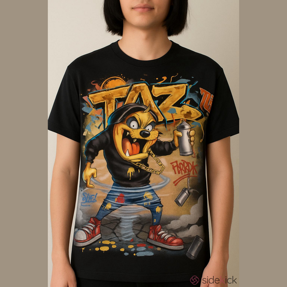 Apple Pie Other - Apple Black Taz AOP Graphic Tee with Gold Logo and Multicolor Front Print